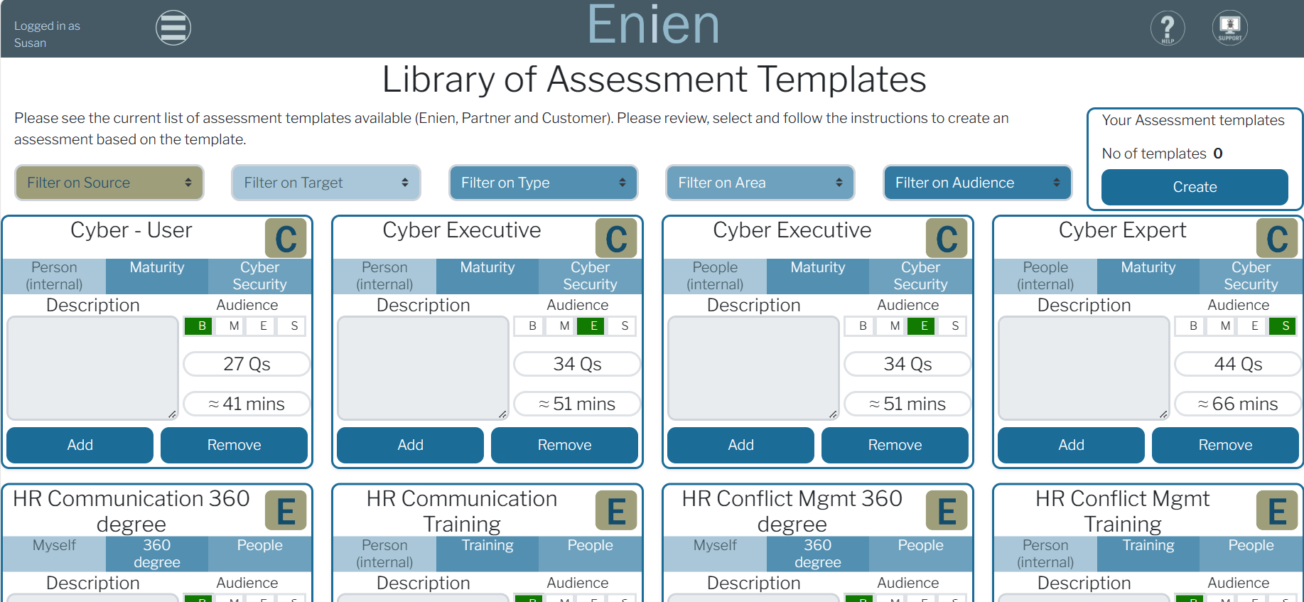 Screenshot of assessment templates filter screen