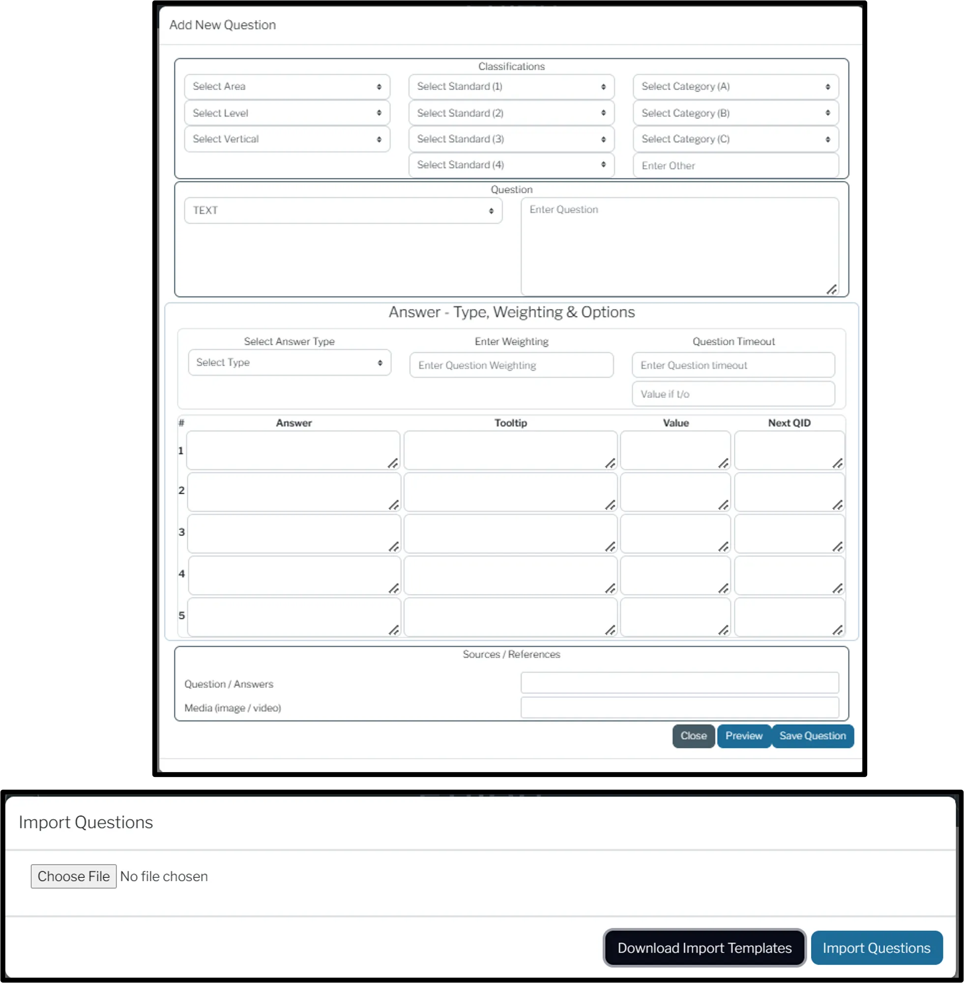 Screen showing how to create or import questions into platform